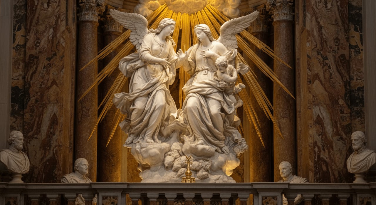 Gian Lorenzo Bernini's sculptural masterpiece 'The Ecstasy of Saint Teresa' is enhanced by a hidden light source. What is this light source designed to illuminate? - Question Image