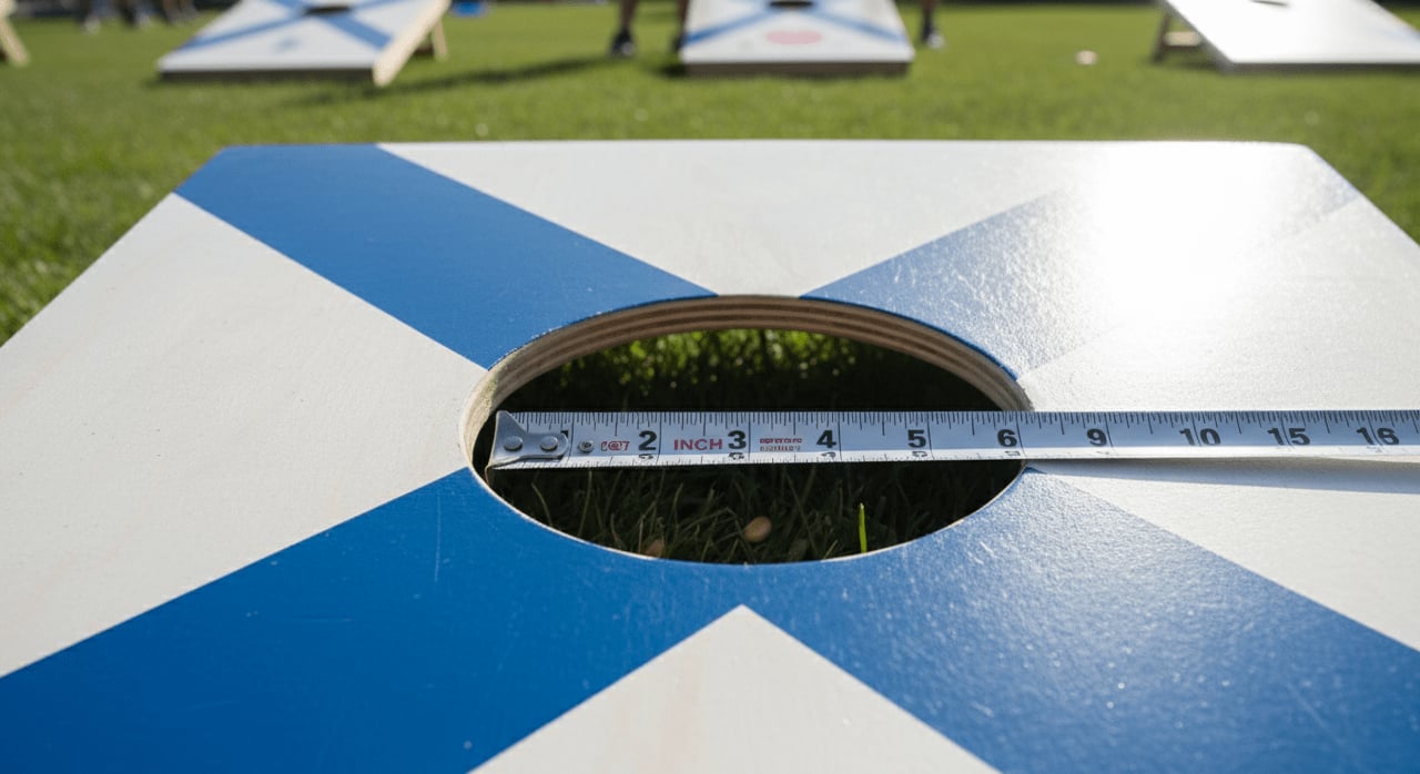 What is the standard diameter for the hole on a regulation cornhole board? - Question Image