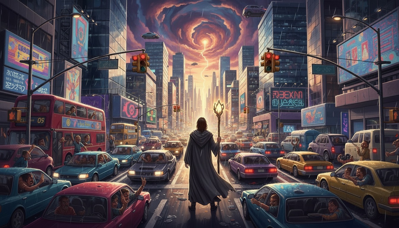 A robed, grey-bearded figure stands at a busy intersection, holding a staff instead of a stop sign, and shouting "You shall not pass!" at the traffic. Who is he? - Question Image