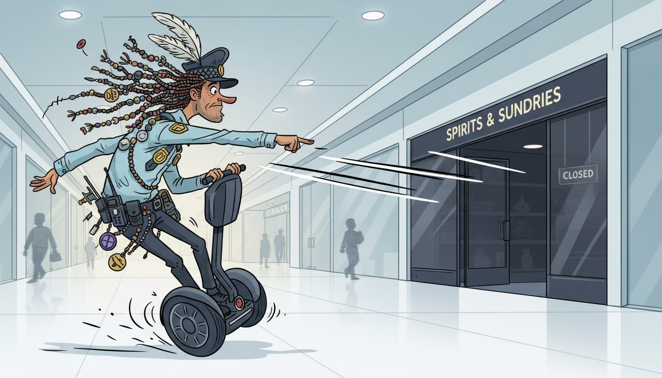 Wobbling unsteadily on a Segway, a security guard with heavy eyeliner and beaded hair patrols a shopping mall, asking shoppers, "Why is the rum gone?" Who is this guard? - Question Image