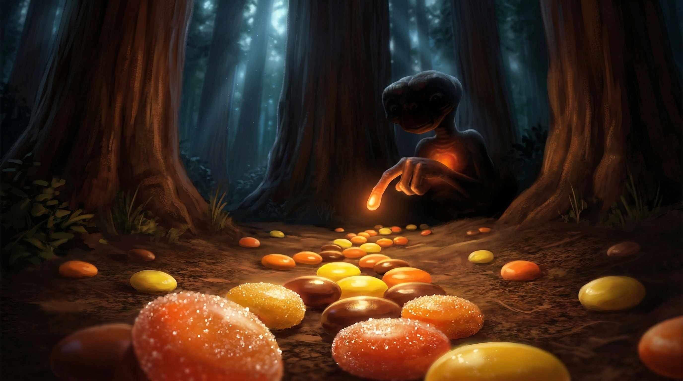 What specific candy created a trail that famously lured the beloved alien E.T. from the shadows? - Question Image