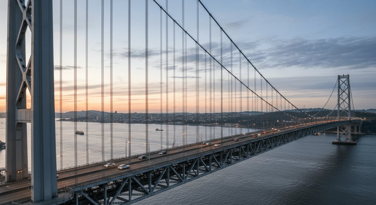 What is the primary structural component that allows a suspension bridge to carry its load across a wide span? - Question Image