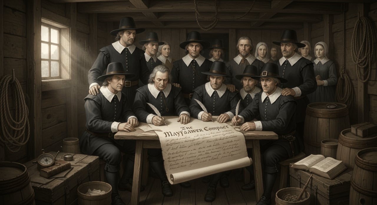 What was the primary purpose of the Mayflower Compact signed by the Pilgrims in 1620? - Question Image