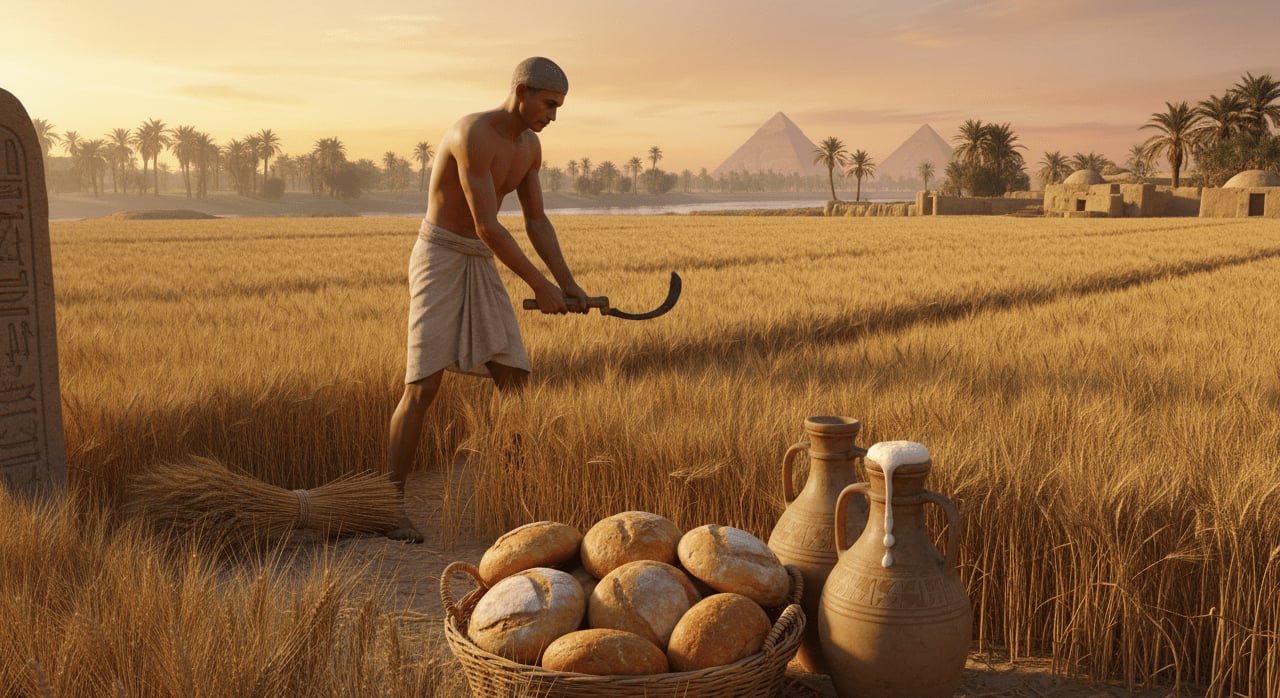 What common Egyptian grain was a primary source for both bread and beer production? - Question Image