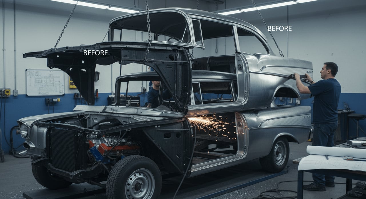 What fundamental modification involves removing a horizontal slice from a car's body to reduce its height? - Question Image