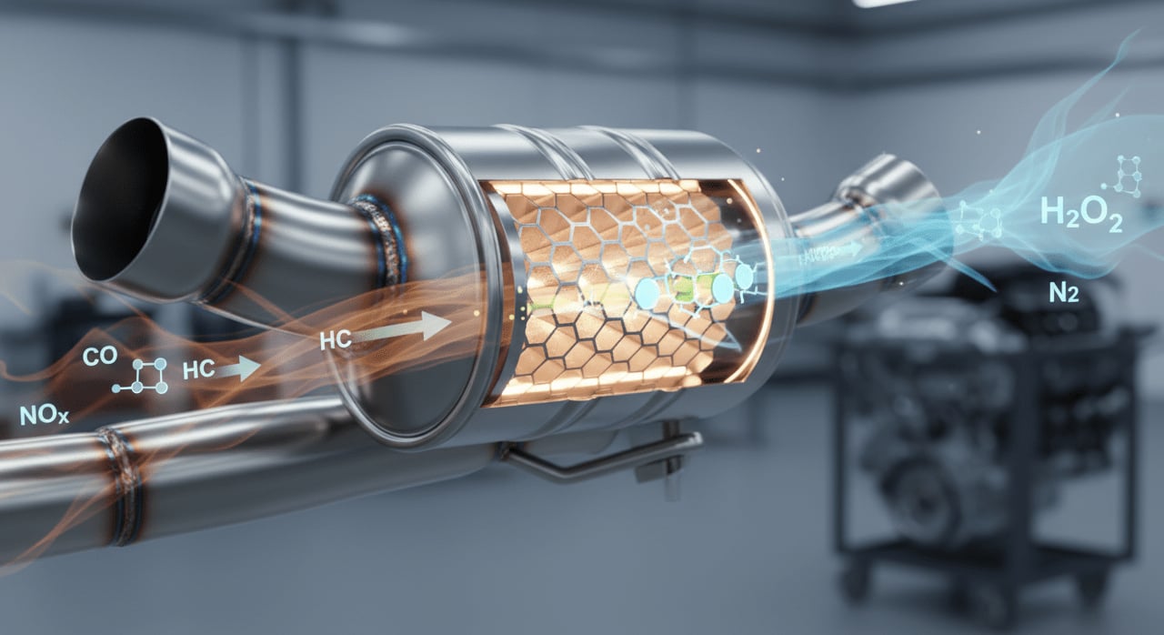 What is the primary function of a catalytic converter in a modern gasoline engine exhaust system? - Question Image