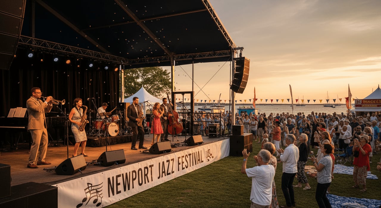 What genre of music is most closely associated with the origins of the Newport Jazz Festival? - Question Image