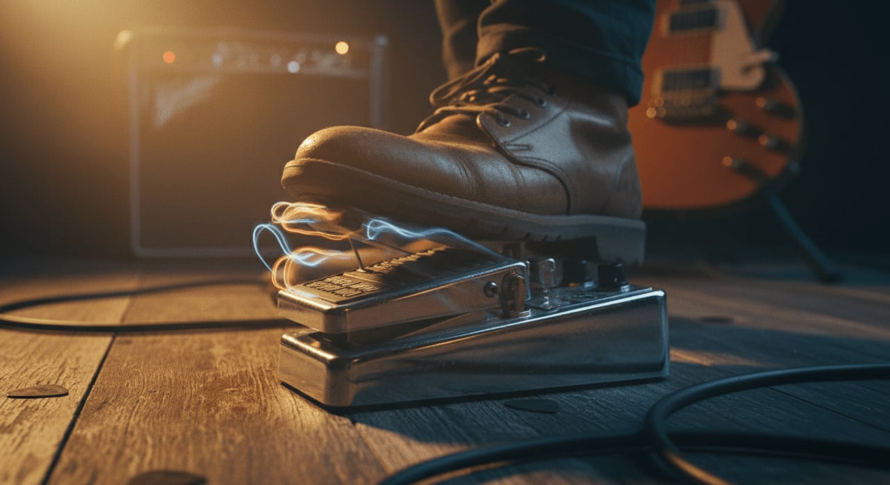 Which common guitar effect pedal is known for creating a sweeping, vocal-like filter sound when its treadle is moved? - Question Image