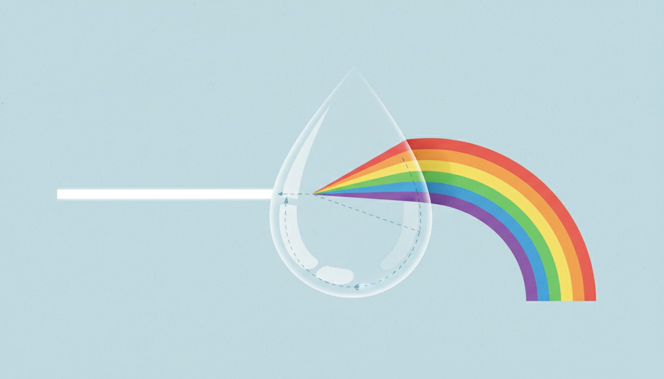 What colorful atmospheric phenomenon is caused by sunlight refracting through water droplets, splitting it into a spectrum of light? - Question Image